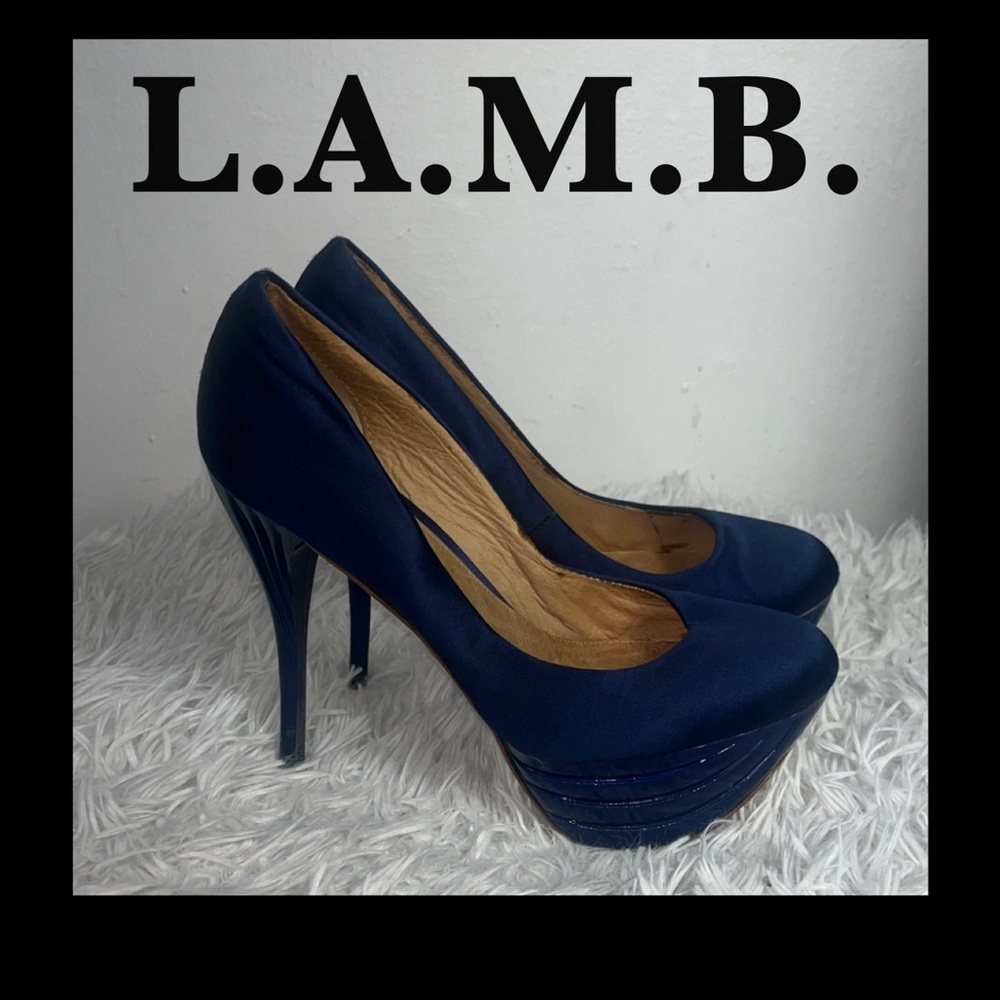 L.A.M.B. BLUE SATIN HEELS